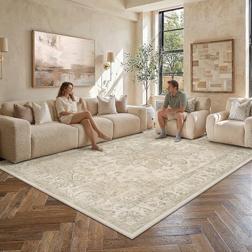 PureCozy Vintage Carpet Living Room 16 x 230 cm Beige Room Rugs Washable Non-Slip Large Carpet Bedroom Bedside Living Room Dining Carpet Short Pile Rug