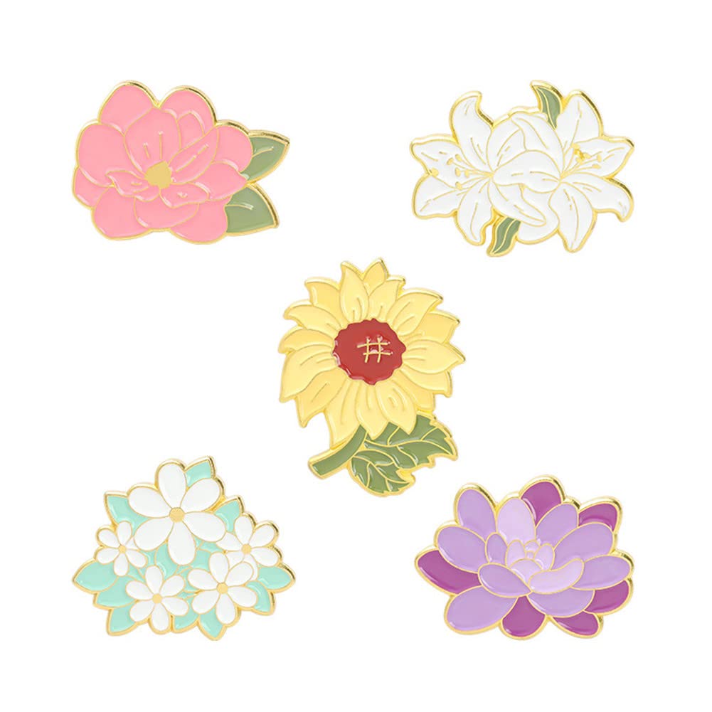 5pcs Cartoon Spring Floral Flower Enamel Lapel Pins Colorful Peony Sunflower Lily Daisy Brooches Bag Badges Women Girls Plant Jewelry