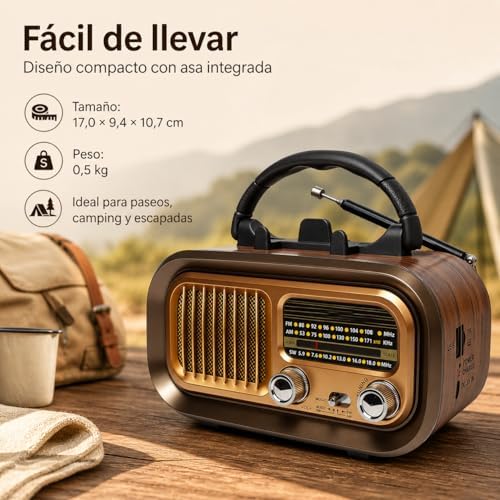 Radio Portátil Am/FM/SW Retro con Bluetooth, Batería Recargable 1200 mAh — foto 2 de 7
