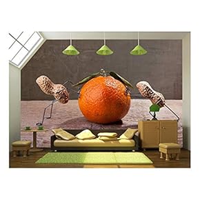 Miniature with Peanut People Working Against Each Other, Failing to Move The Orange - Removable Wall Mural | Self-Adhesive Large Wallpaper - 66x96 inches