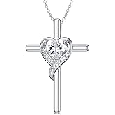 TOUPOP Birthstone Cross Necklace for Women 925 Sterling Silver Heart Cross Pendant Necklace Valentines Day Birthday Jewelry Gifts for Her Girlfriend Wife Mom