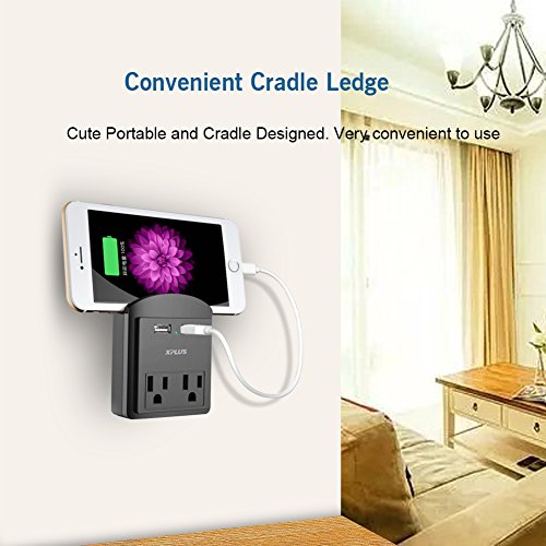 USB Wall Mount,XPLUS 2 USB Charging Ports (2.4A) & 2 AC Outlet Plugs, Surge-protected Power Socket Extender with Topside Phone Holders for iPhone, iPad and Others, ETL Certified - Thumbnail 5