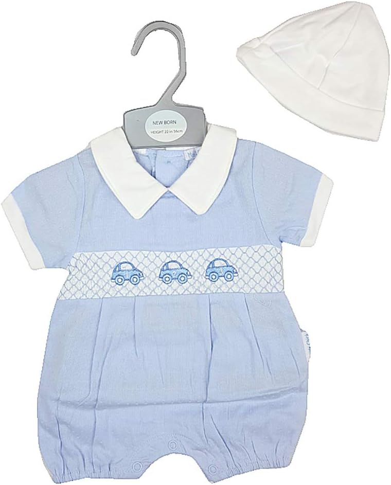My Little Chick Newborn Baby Boys Smocked Short Summer Romper with Hat - Cars White