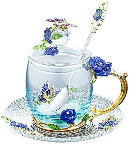 Amazon Co Jp ガラスティーカップコーヒーマグ手芸3 Dヴィンテージフラワーカップとふたコースターとティースプーン ユニークな蝶とブルーローズエナメルデザイン 最高のギフト装飾 3 Ml Diy 工具 ガーデン