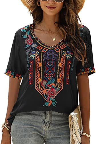 Grosy Mexican Embroidered Tops for Women Summer Short Sleeve Boho