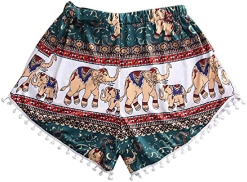 ACAREU Elephant Print Beach Shorts, Women High Waist Tassel Shorts Summer Casual Short Pants New (S)