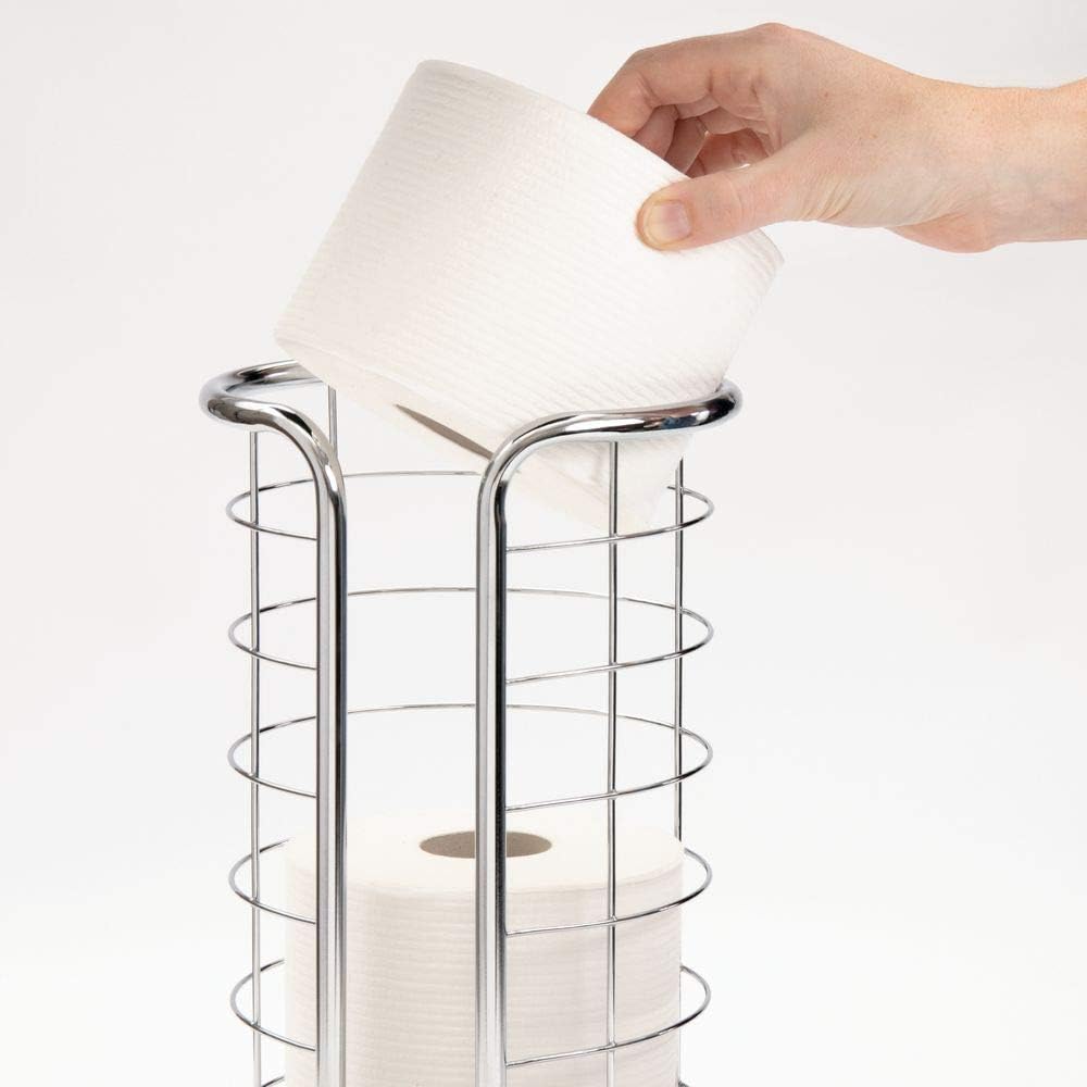 mDesign Decorative Metal Free Standing Toilet Paper Holder Stand with Storage for 3 Rolls of Toilet Tissue - for Bathroom/Powder Room - Holds Jumbo Rolls - Chrome: Home & Kitchen
