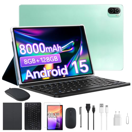 Xixaomiro Tablet Android 15 Pad 10.1", Câmera 13MP + 5MP, Bateria 8000mAh – Kit Completo com Caneta, Mouse, Teclado e Capa, Adequado para Estudo, Trabalho e Lazer (Verde)
