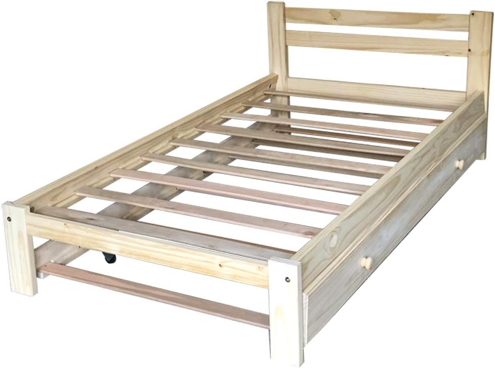 Amazonas Twin Bed with Trundle Solid Pine Wooden Trundle Bed Hardwood Slats Support Unfinished Suitable for Boys Girls Kids Bedroom Single Wooden Bed Frame