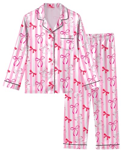 Sylfairy Girls Pajamas Silk PJS Set Satin Sleepwear Long Sleeve Jammies for Kids Button-Down Nightwear Loungewear 3-16 Years