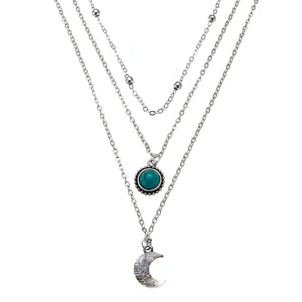 Prosy Layered Boho Turquoise Pendant Necklaces Silver Moon Choker Necklace Chain Adjustable Jewelry for Women and Girls