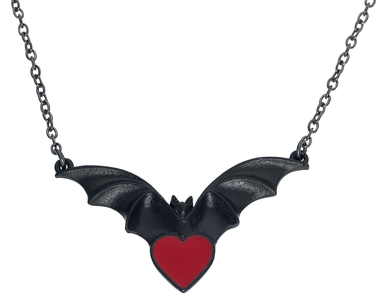 Alchemy Gothic Sombre Desire Pendant - Black Bat, Blood-Red Heart, Pewter