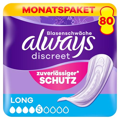 Always Discreet Incontinence Pads Long, 80 Pads (4 x 20 Pieces), Monthly Pack, Discreet Protection and High Absorbency, Locks Odours and Liquid Immediately (Packaging May Vary)