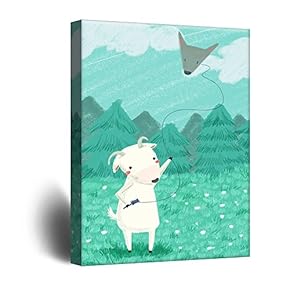 Cute Cartoon Animals Canvas Wall Art - A Sheep Flying a Wolf Head Shaped Kite - Giclee Print Gallery Wrap Kid