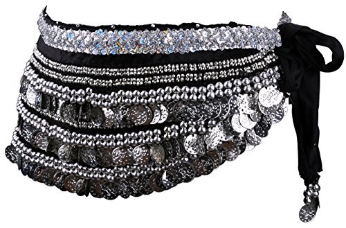 Yeeco Belly Dance Belt Hip Scarf Wrap Chain Widening Waistband Waist Performance Dancing Skirt Costume 338 Silver Coins (Black)