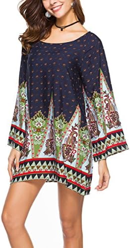 Risesun Women's Bohemian Vintage Printed Ethnic Style Loose Casual Tunic Dress(Navy/Green-XL)