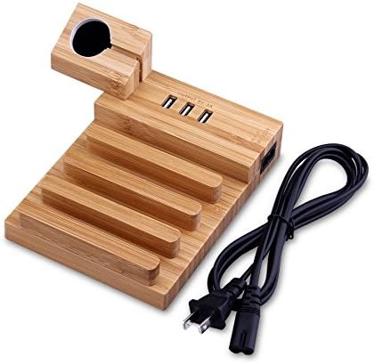 HappyFly Bamboo Wooden Apple Watch Stand，3 USB Ports 5V 3A ，Thopeb Multi Device Charging Station Desktop Cell Phone Charging Station Organizer for iPhone 8 / 7 Plus, iPad , Mini ,Apple Watch