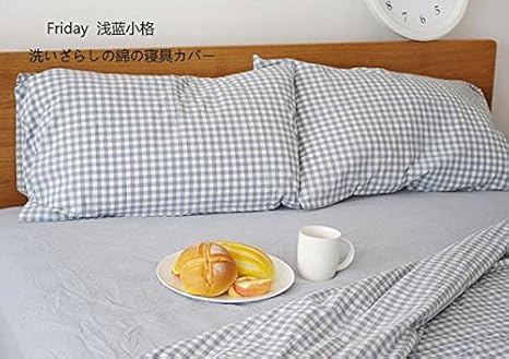 Amazon 寝具カバーセット 夏用超薄く通気性が良い無印良品 洗いざらしの綿100 ライトブルーの小さなチェック布団カバーセット ベッドカバー フラットシーツ ピローケース シングル 3点セット 布団セット オンライン通販