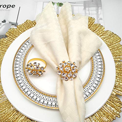 Joyindecor Napkin Rings Set of 6 - Crystal Flower Rhinestone Napkin Ring Holder for Wedding Party Home Kitchen Dining Table Linen Accessories (Golden-1)