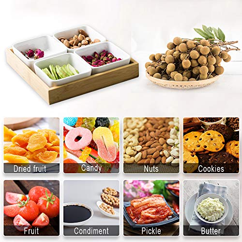 Ceramic Snack Serving Tray, 4-Compartment Tray Serving Platter with Bamboo Lid and Pallets,Moisture-proof Bowls for Food,Snacks,Condiments, Appetizers(White)