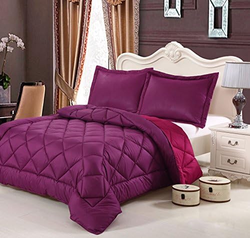 HCI Hand Crafted Brushed Velvet Goose Down Alternative Reversible Comforter Set (Twin 68'' X 88'', Megenta &amp; Mulberry)
