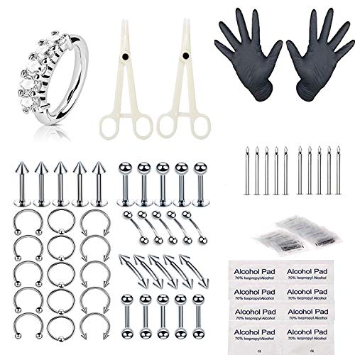 Jconly Piercing Kit - 59Pcs Professional Body Piercing Kit Surgical Steel Piercing Needles 16G Piercing Clamps Ear Tongue Tragus Nipple Nose, Piercing Tools Kit