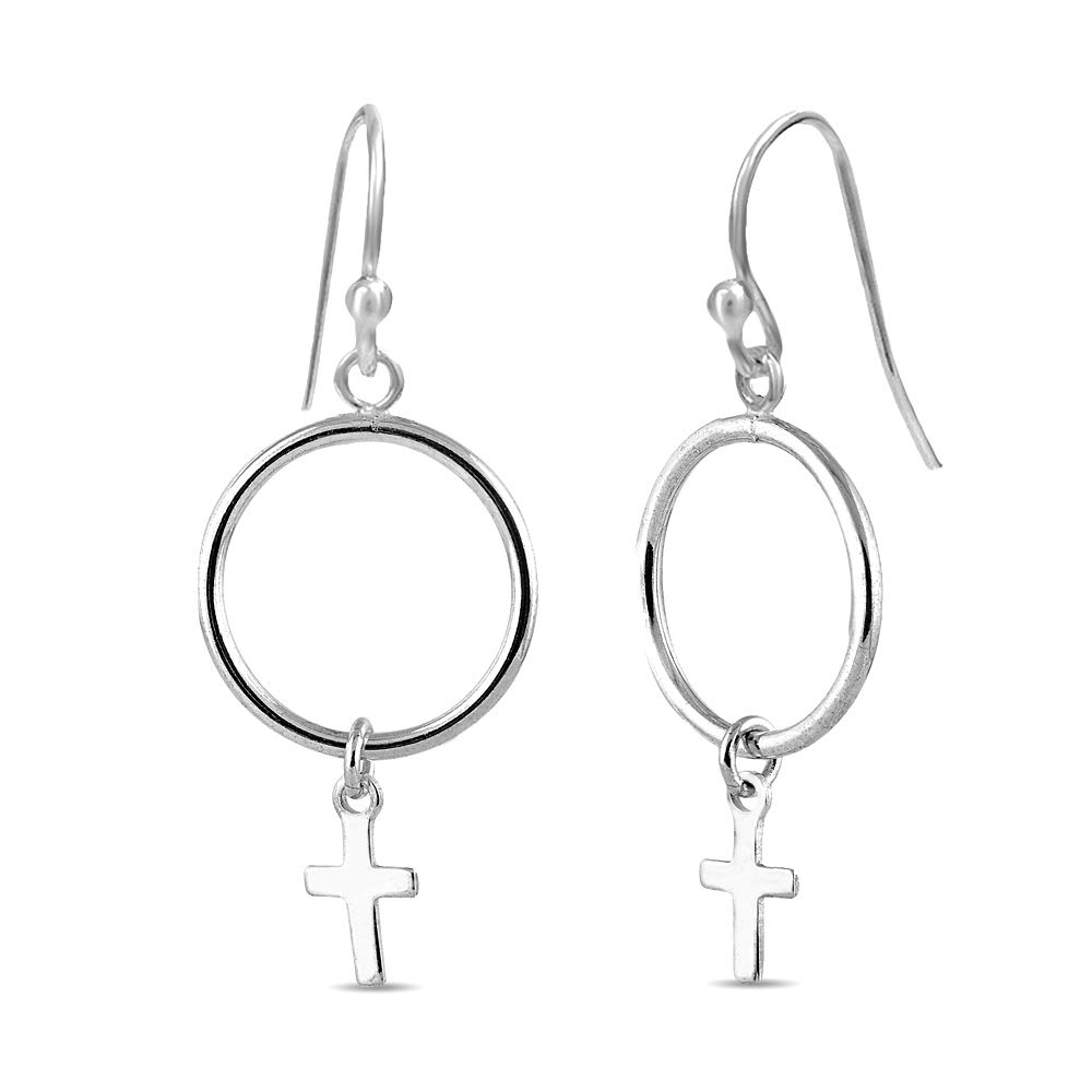 Charmsy 925 Sterling Silver Elegant Sterling Silver Jewellery Circle with Cross Charm Drop Dangle Earring for Teens 38 MM | Lightweight Silver Earrings Jewellery Gift for Women