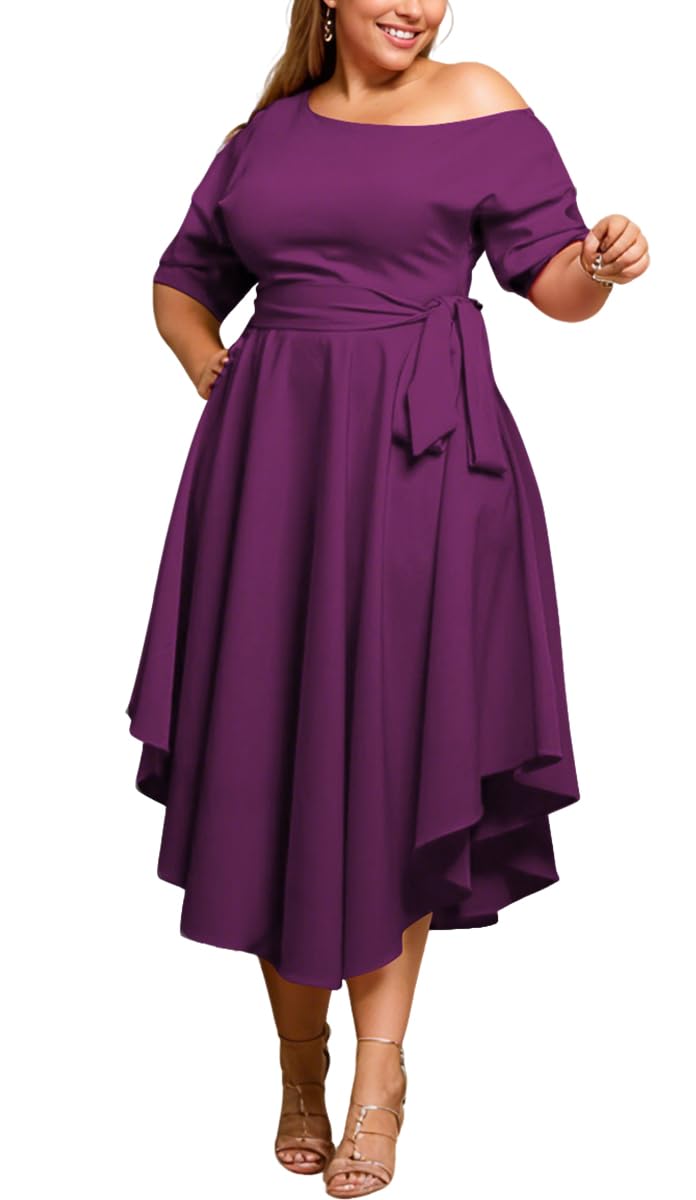 Photo 1 of Midi Church Dresses for Women 2025 Casual Short Sleeve Boat Neck Semi Formal Irregularly Flowy Wedding Party Dress Purple