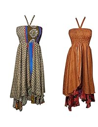 Mogul Interior 2pc Womens Silk Skirt Dresses Handkerchief Hem Beach Boho OneSize
