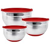 Fitzroy and Fox Stainless Steel Mixing Bowls with Lids and Non Slip Bases (Set of 3, Red)