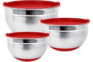 Stainless Steel Mixing Bowls with Lids and Non Slip Bases (Set of 3, Red) by Fitzroy and Fox