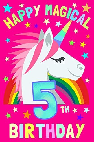 Happy Magical 5th Birthday: Notebook & Sketchbook Journal for 5 Year old Girls and Boys, 100 Pages, 6x9 Unique B-day Diary, Pink Composition Book with Unicorn Rainbow Stars Cover, Birthday Gift