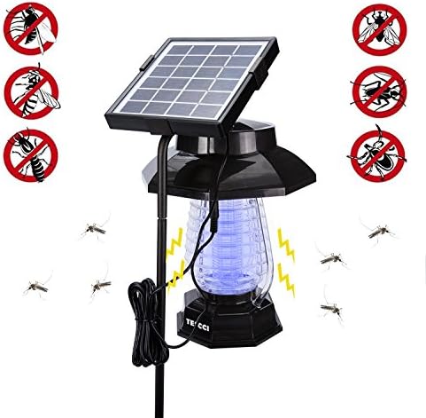 TESCCI Solar Powered Bug Zapper- Electric Mosquitoes Killer- Work as Zapper and Garden Light - Enhanced Outdoor or Indoor Flying Insect Killer for Garden, Room, Camping，Hang or Stake in Ground