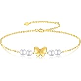 SISGEM 10k Gold Butterfly Bracelet for Women, Real Freshwater Cultured Pearl Hand Jewelry Gifts for Her, 6.8"-8.4"