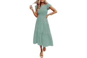Coloody Women's Summer Casual Midi Dress Boho Flutter Sleeve Crew Neck Smocked Flowy Tiered A-Line Long Beach Dress