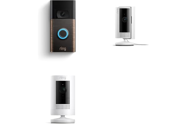 Ring Video Doorbell (Venetian Bronze) with Ring Stick Up Cam Battery and Ring Indoor Cam, White