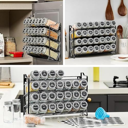 GANGHUI Spice Jars 4-Tier Stackable Spice Racks with 28 Glass Spice Jars, Seasoning Bottle Organizer with 386 Labels with Chalk Marker and Funnel Complete Set for Countertop, Cabinet or Wall Mount