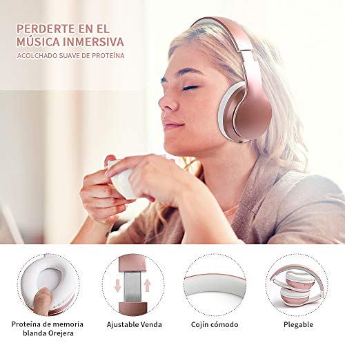 Ifecco Cascos inhalabricos,Auriculares inalambricos,Auriculares Bluetooth 5.0 Diadema Plegable,con microfono(Oro Rosa3)