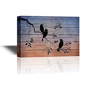 Canvas Wall Art - Birds on Tree Branches on Wood Style Background - Gallery Wrap Modern Home Art | Ready to Hang - 12x18 inches