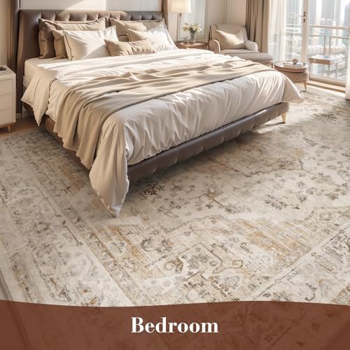 MontVoo-Area Rug 8X10 Rugs for Living Room-Beige Machine Washable Rug-Soft Living Room Rug-Vintage Non Slip Carpet-Rugs for Bedrooms Dining Room Living Room Office