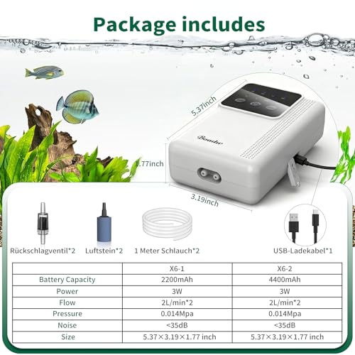 Boadw Aquarium Air Pump, Rechargeable Oxygen Pump with 2200mAh or 4400mAh Battery for Outdoor Fishing and Power Outages, Nano Mini Aquarium Accessories with Bubble Stone