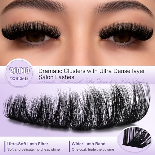 B&Q Fluffy Lash Clusters Thick 200D, Volume Eyelash Clusters 10-18mm, D Curl Cluster Eyelash Extensions, Supersoft Individual Lashes Wispy Cluster Lashes Dramatic Full Look Eyelash（200D）