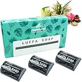 Puretural Luffa Soap Gift Box Set of 3 x 100 Grams Bamboo Charcoal Body Scrub Loofah Soap Bar with Honey to Clean Dark Spots for Stretch Marks Whitening