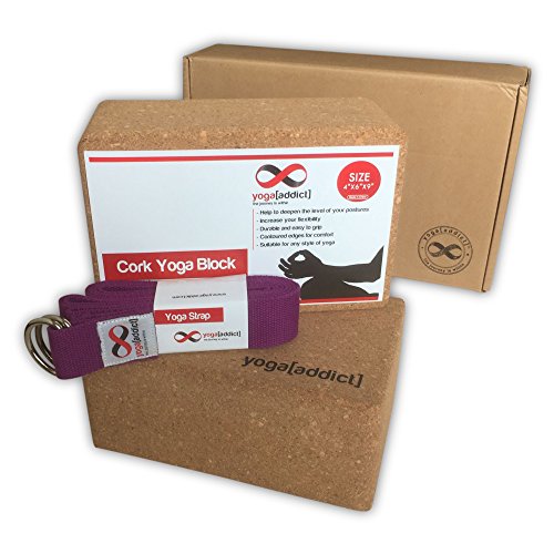 Cork Yoga Blocks 2 Pack and Yoga Strap Set with Box, Set, Yoga, Pilates, Deepen Poses, Improve Flexibility and Strength, Quality – Cork Yoga Blocks 2 Pack and Strap (Purple) Set