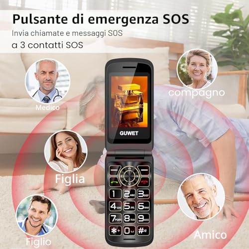 Guwet 2G Mobile Phone for Elderly with Big Buttons, Flip Phone, SOS Function, 1600mAh Battery, 2.4"+1.77" Dual Display, Dual SIM with Dual Standby, Black