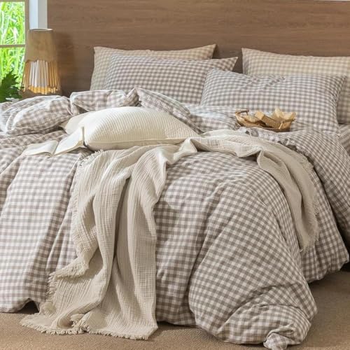 Lanqinglv Bettwäsche 155x220 Baumwolle Kariert Beige Weiß,Gittermuster
