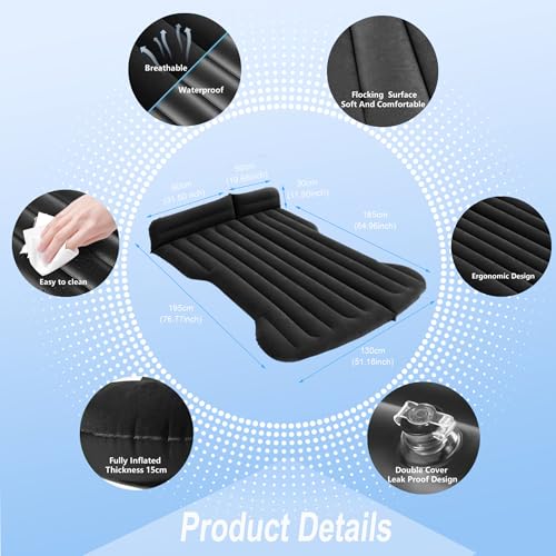 Colchon Coche, Colchón Inflable Cama para Model Y Asiento Trasero Tronco | Cama Hinchable Viajes Camping | Coche de Aire Libre Acampadas para SUV RV VAN Truck|195x130x15cm| Superficie de aglomeración