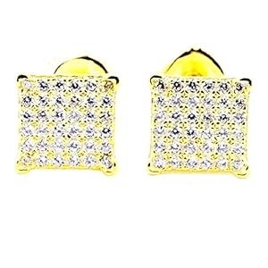 Square Shaped Stud Earrings Yellow Gold Tone 8mm Wide Pave Set CZ Screw Back