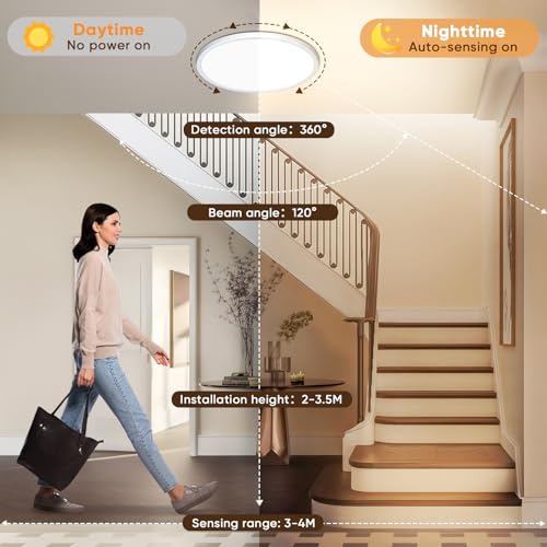 NIBSHOOM Ceiling Light with Motion Sensor, 3000K/4000K/6500K 24W IP44 Waterproof Ceiling Light, LED Ceiling Light with Radar Sensor for Hallways, Stairs, Garage, φ30 cm