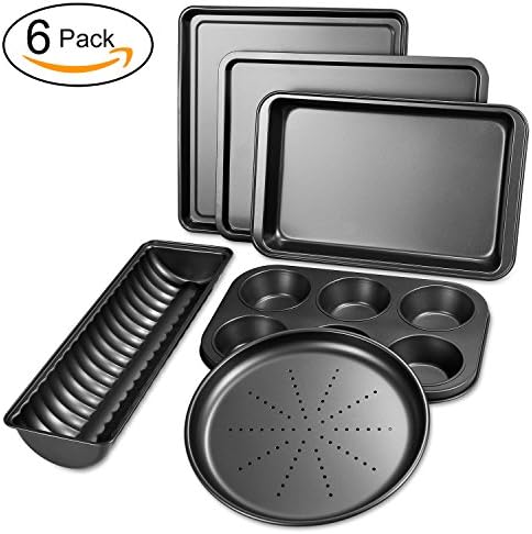 Bakeware Set nonstick 6piece Baking 6Cup Muffin Tin Square Nonstick cake mould Large and Medium Baking Pan Toast Bread Pan and Baking Pizza Tray gloss black Cookie Sheet